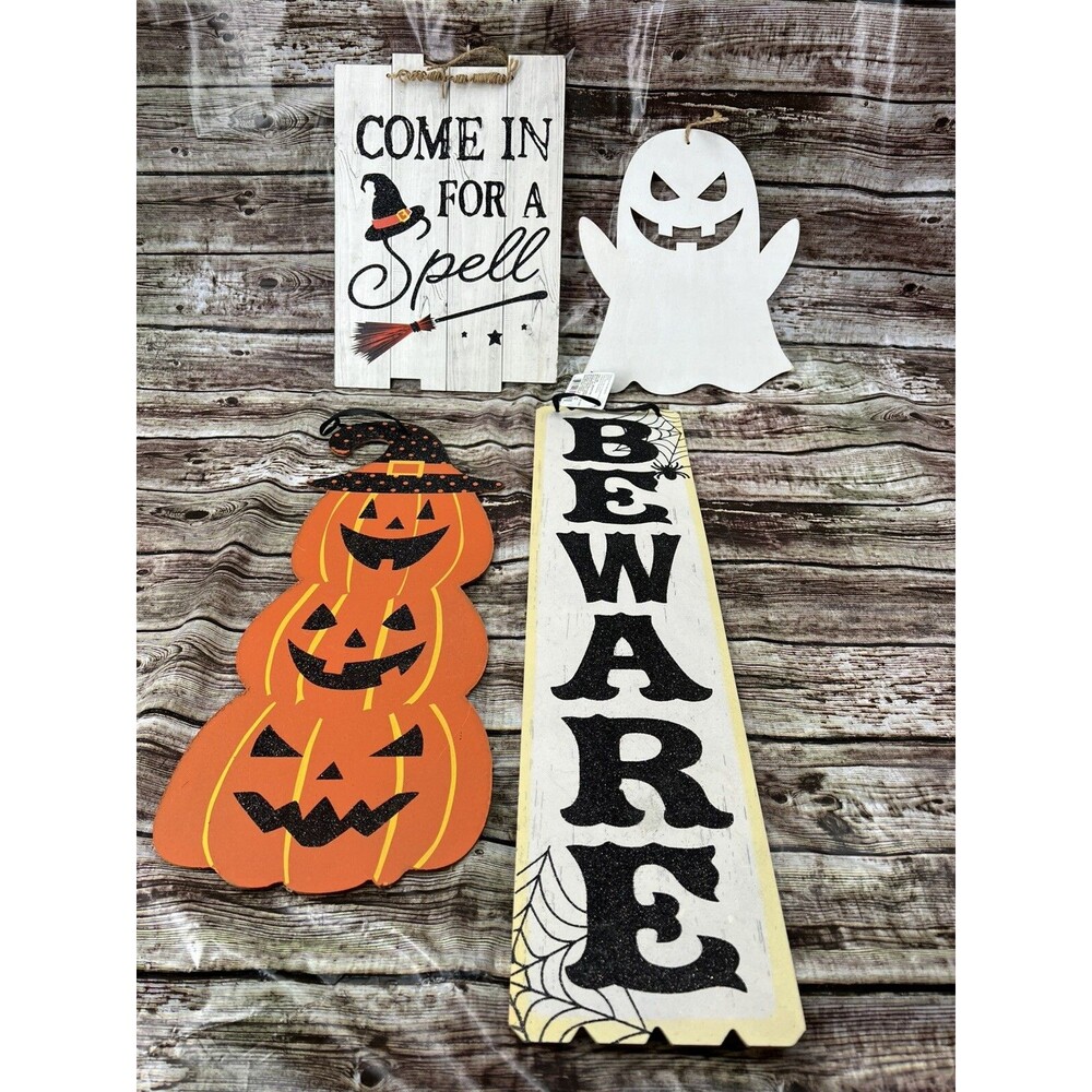 Set of 4 Halloween Hanging Wooden Signs With Pumpkins, Beware, Ghost, Witch